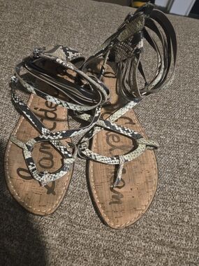 Sam Edelman Snake-Print Ankle Tie Sandals in Black and Mint Green